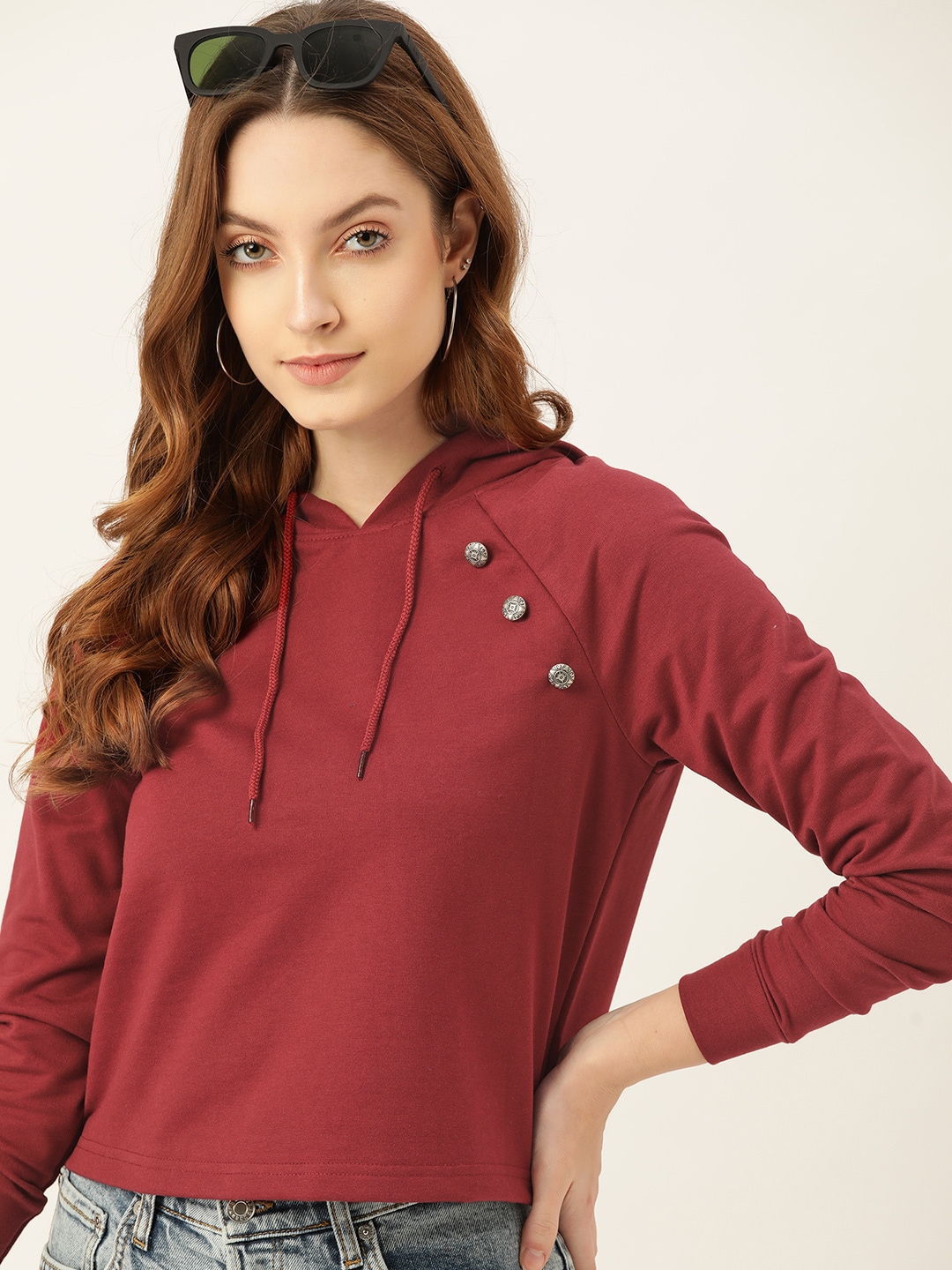 DressBerry Women Maroon Solid Hooded Sweatshirt Price in India