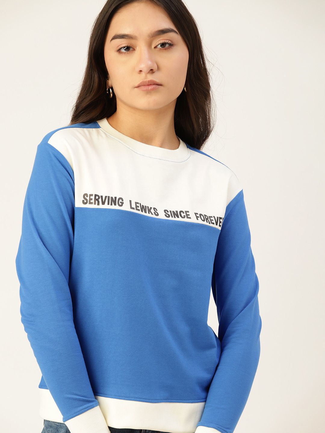 DressBerry Women Blue & White Colourblocked Sweatshirt Price in India