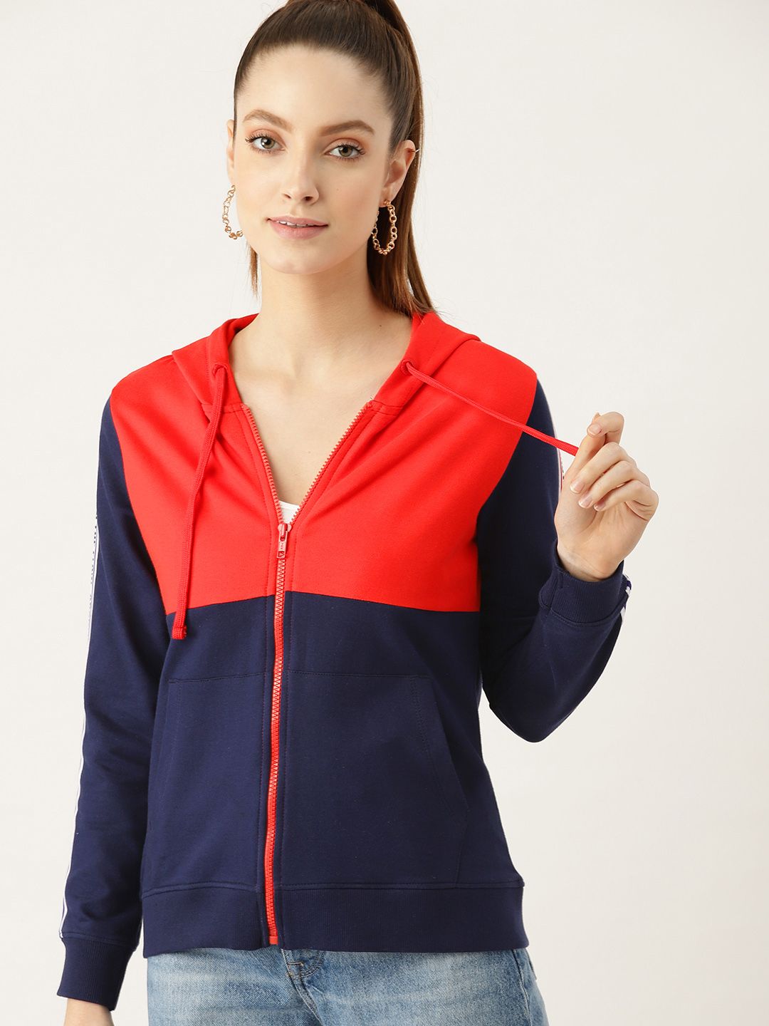 DressBerry Women Navy Blue & Red Pure Cotton Colourblocked Hooded Sweatshirt Price in India