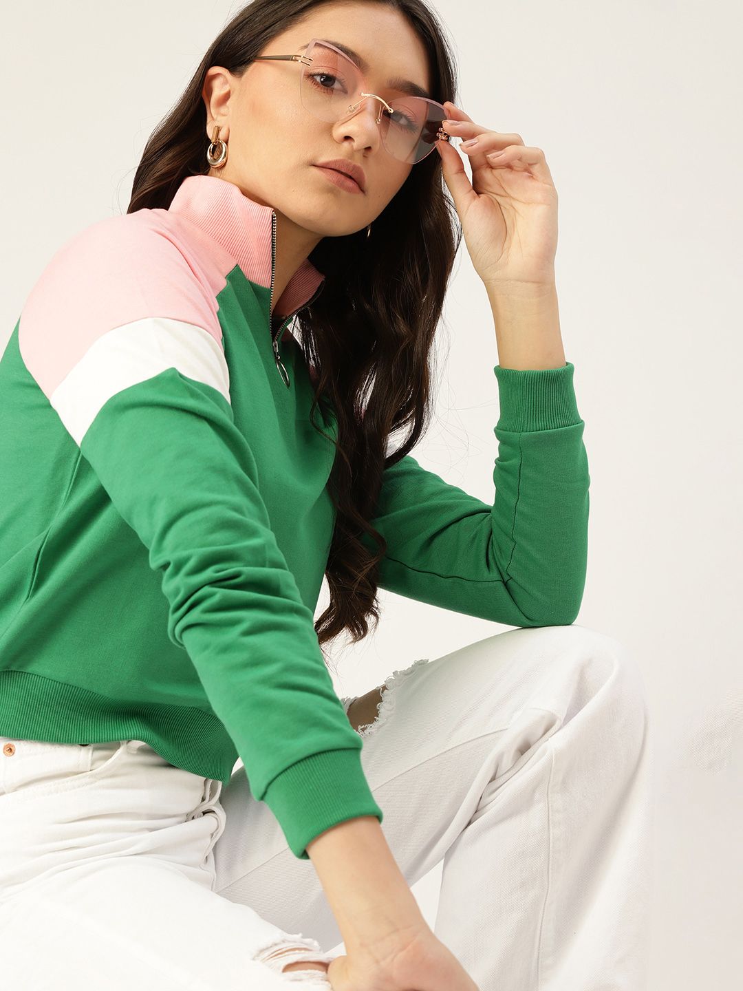 DressBerry Women Green & Pink Solid Sweatshirt Price in India