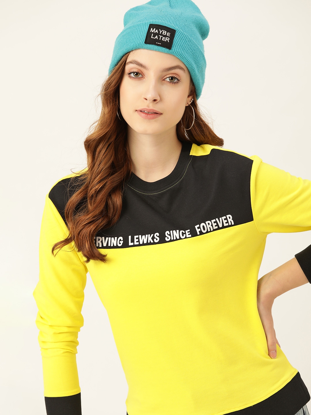 DressBerry Women Yellow & Black Colourblocked Printed Sweatshirt Price in India
