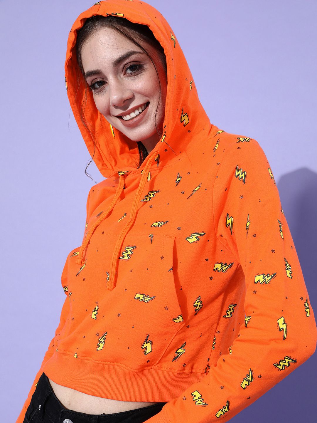 DressBerry Women Bright Orange Conversational Cropped Sweatshirt Price in India