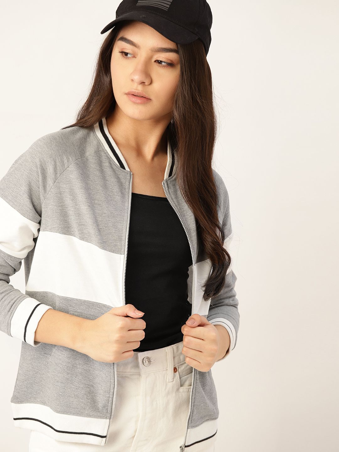 DressBerry Women Grey Melange & White Colourblocked Sweatshirt Price in India