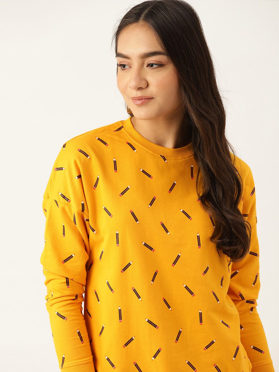 DressBerry Women Mustard Yellow & Black Pencil Print Cotton Sweatshirt Price in India