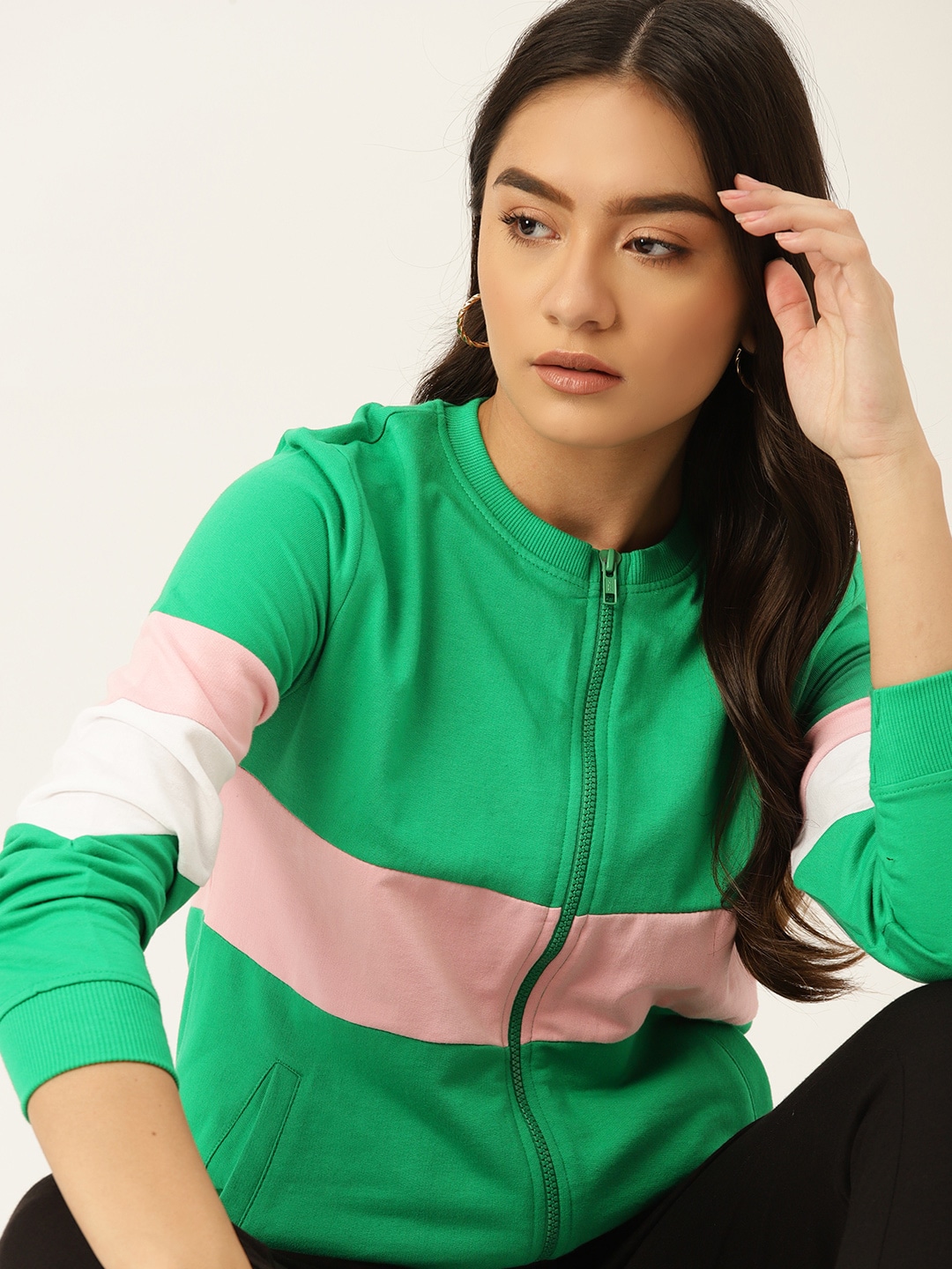 DressBerry Women Green & Pink Pure Cotton Striped Sweatshirt Price in India