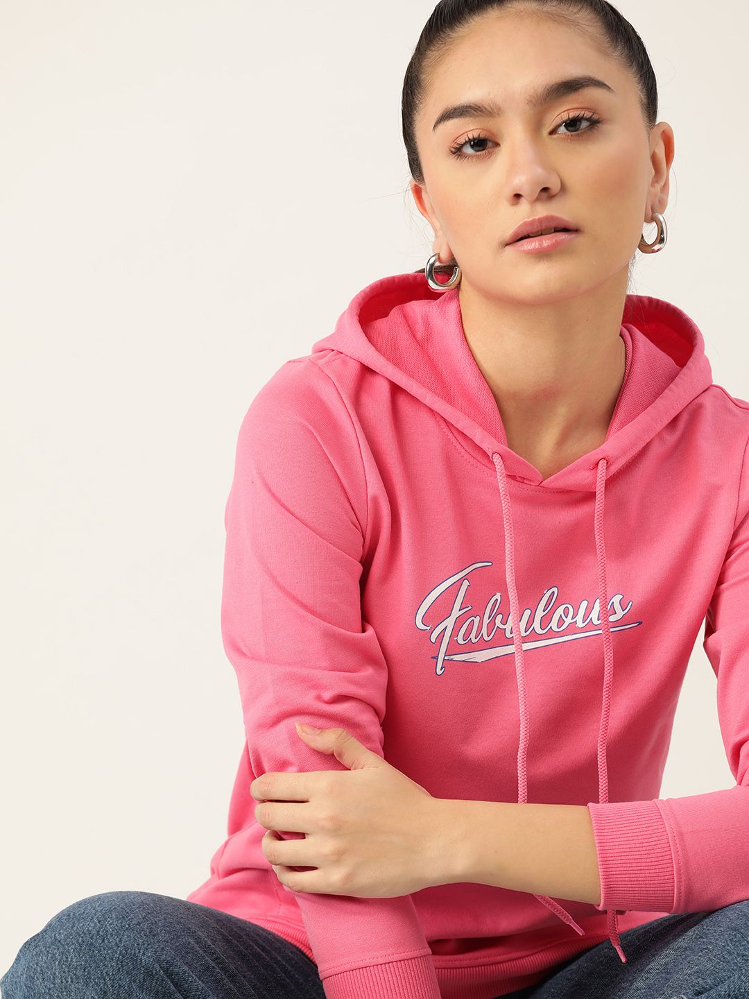 DressBerry Women Pink Typography Printed Hooded Sweatshirt Price in India