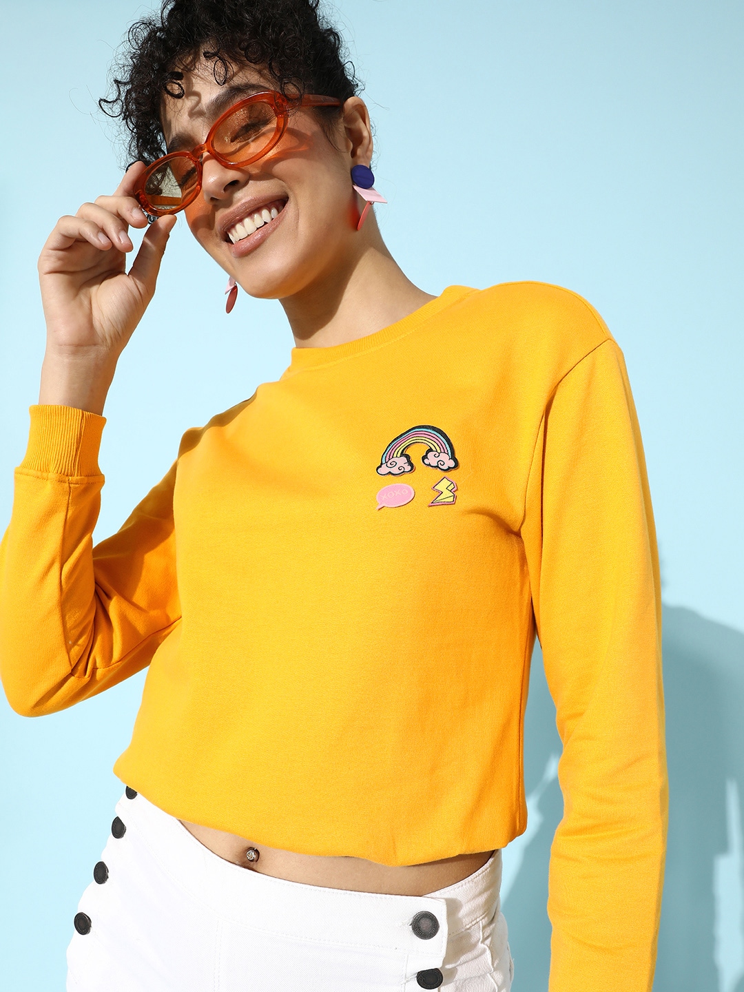 DressBerry Women Stylish Mustard Solid Quirky Outerwear Sweatshirt Price in India