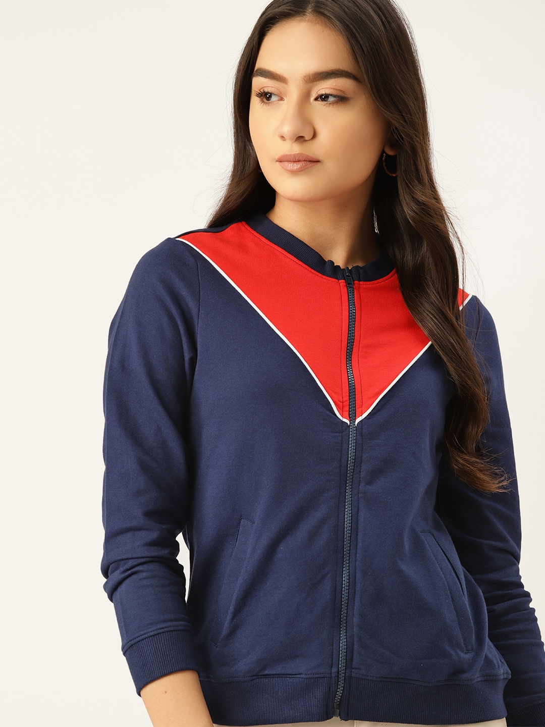 DressBerry Women Navy Blue & Red Pure Cotton Colourblocked Sweatshirt Price in India