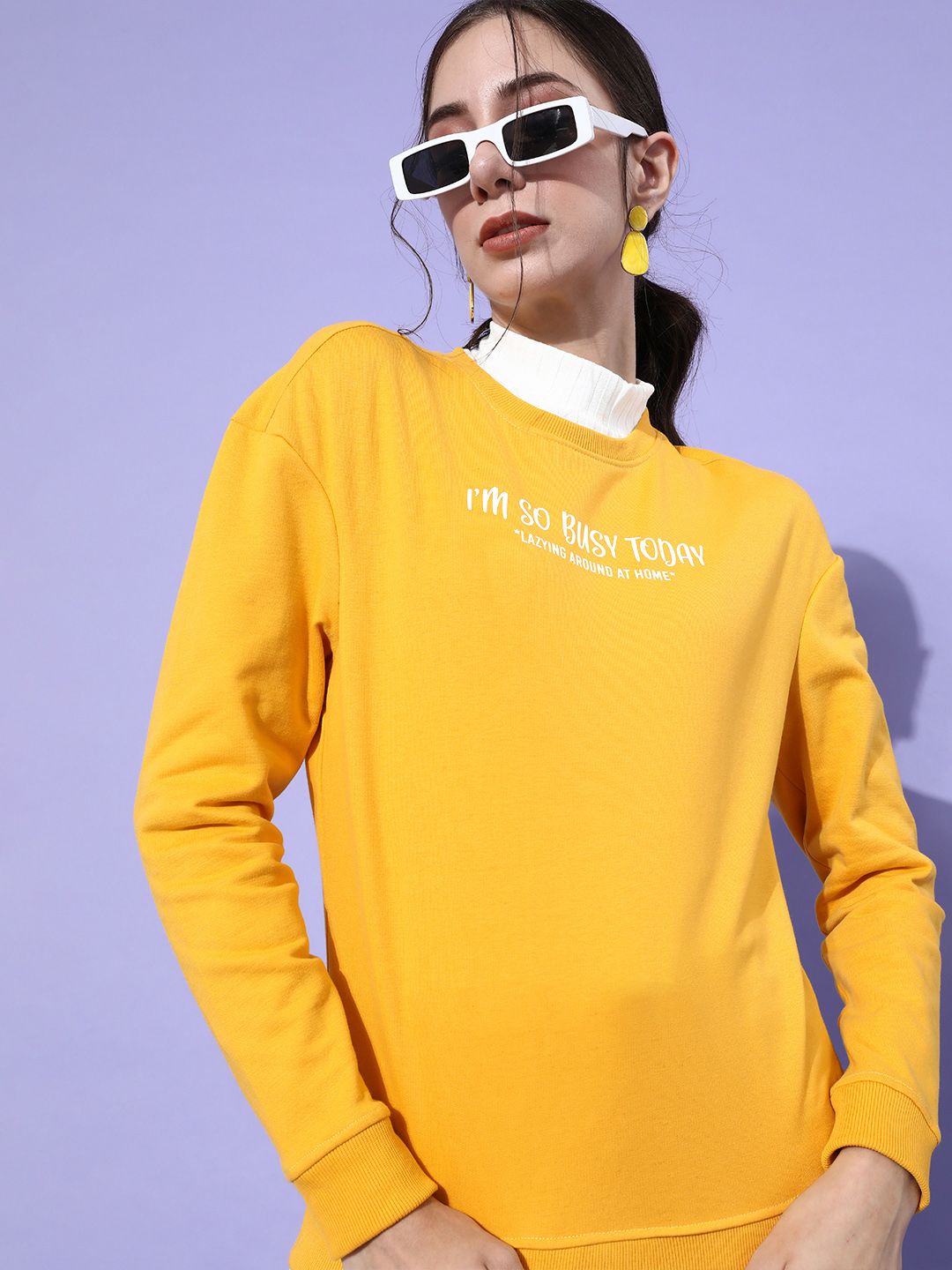 DressBerry Women Bright Yellow Typography Knitted Sweatshirt Price in India