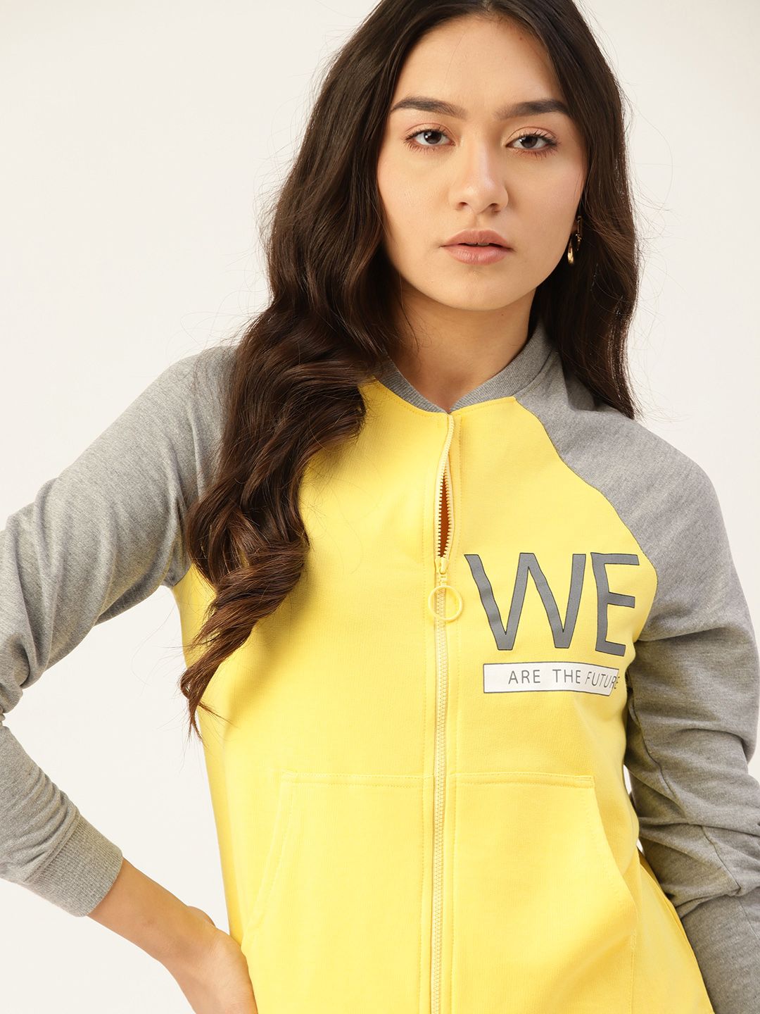 DressBerry Women Yellow & Grey Melange Solid Sweatshirt Price in India