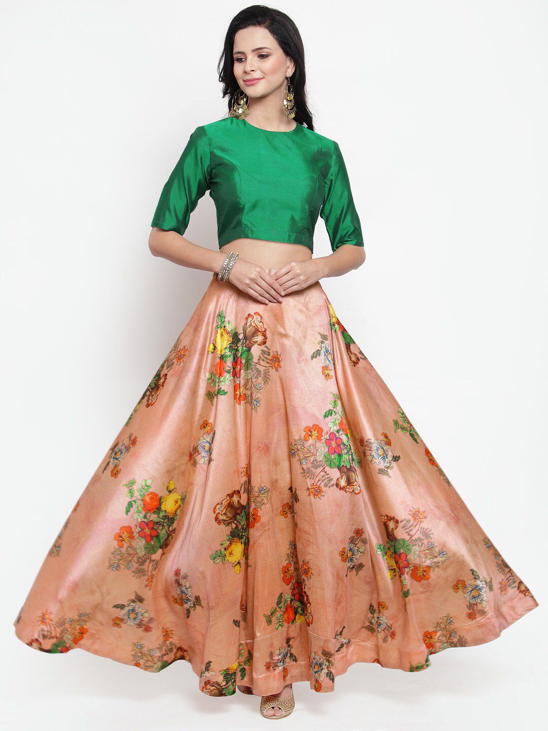 Get Glamr Green & Peach-Coloured Solid Ready to Wear Lehenga & Blouse with Dupatta Price in India