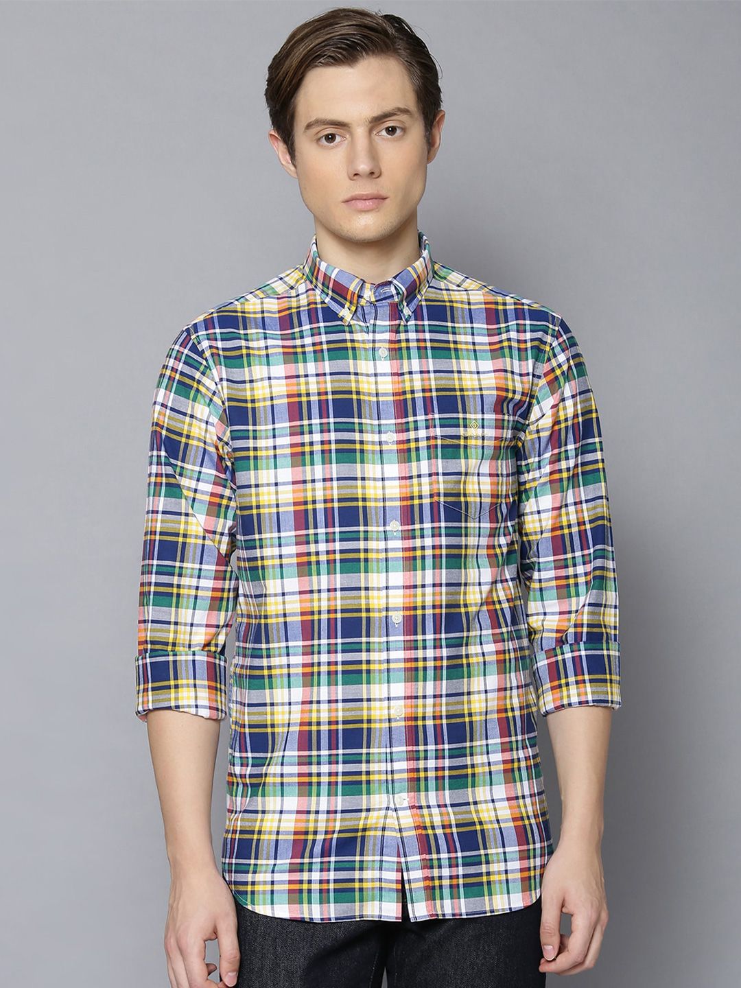 GANT Men Yellow & Blue Regular Fit Checked Casual Shirt