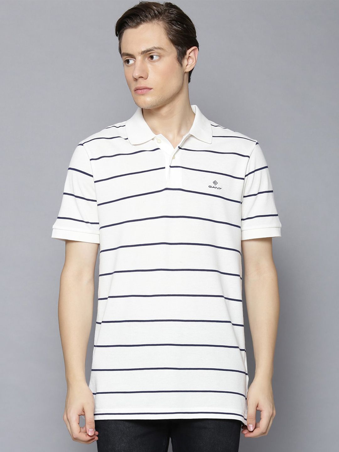 GANT Men White Striped Polo Collar T-shirt