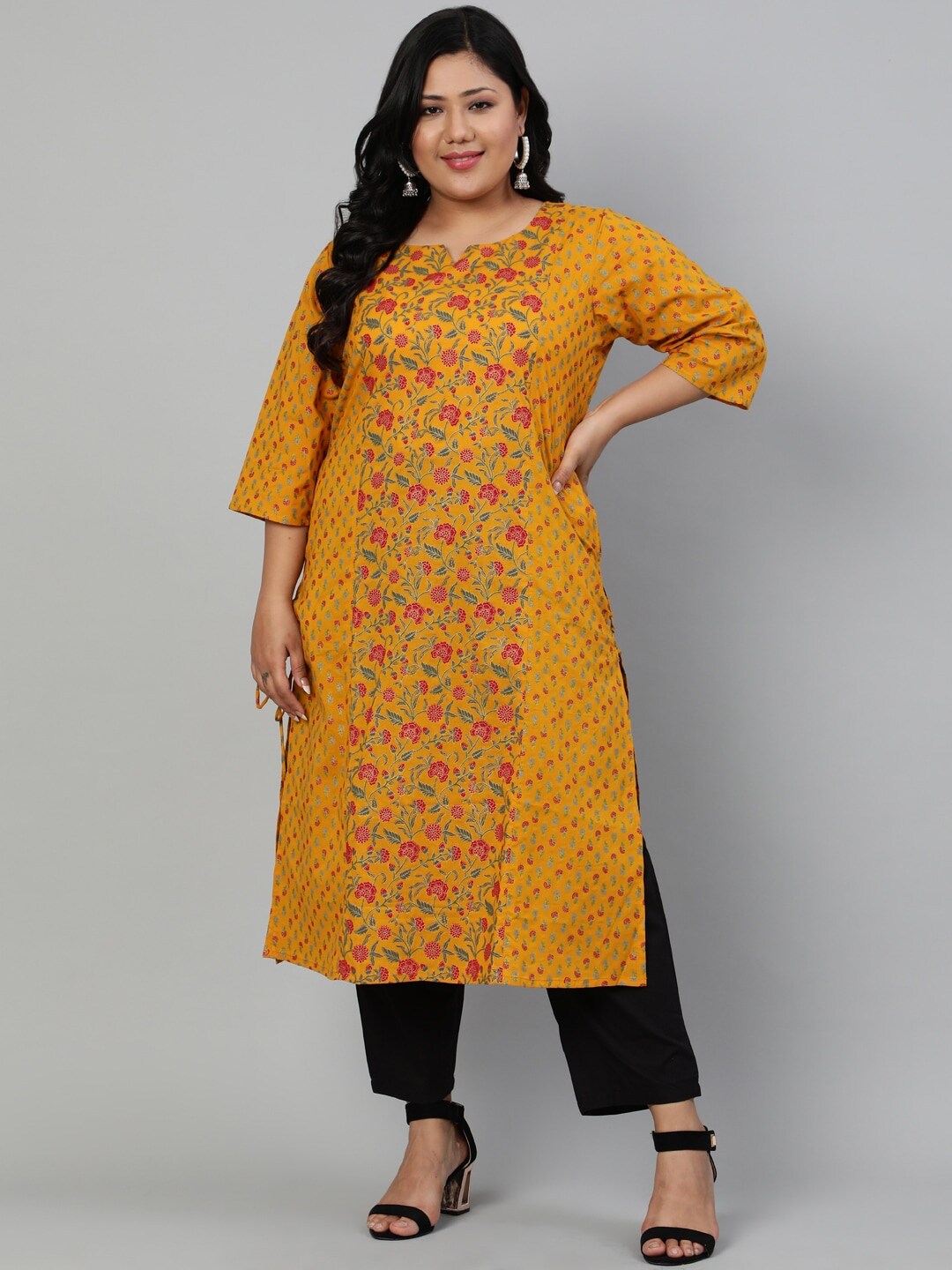 Nayo Plus Size Women Mustard Yellow & Red Floral Printed Floral Kurta Price in India