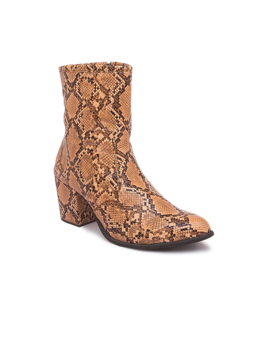 Sole To Soul Women Tan Brown & Black Snake-Skin Printed Heeled Boots Price in India