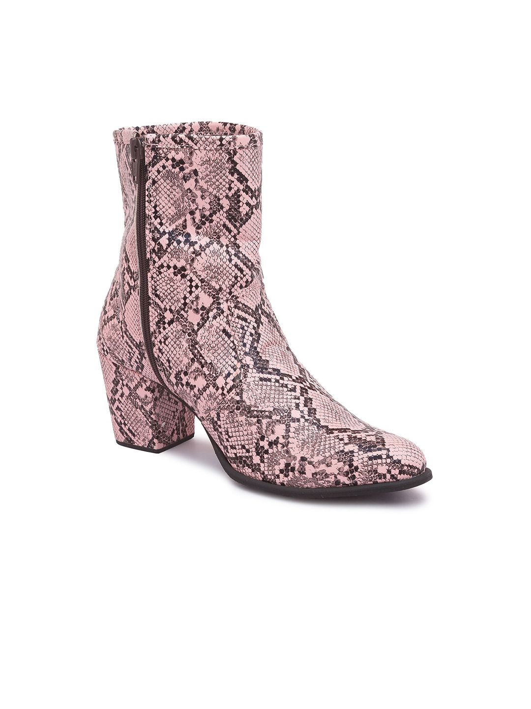 Sole To Soul Women Pink & Grey Snake Skin Printed Heeled Boots Price in India