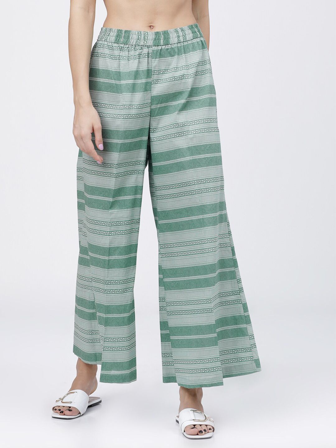 Vishudh Women Green & Off-White Striped Straight Palazzos Price in India