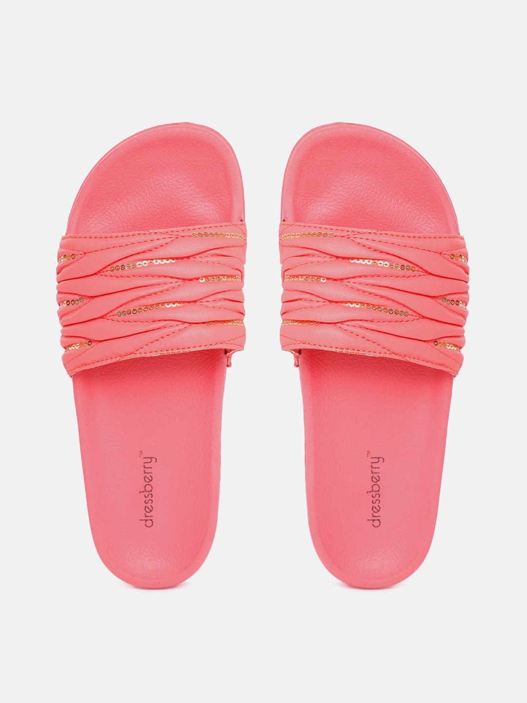 DressBerry Women Coral Pink Quilted & Sequinned Sliders Price in India