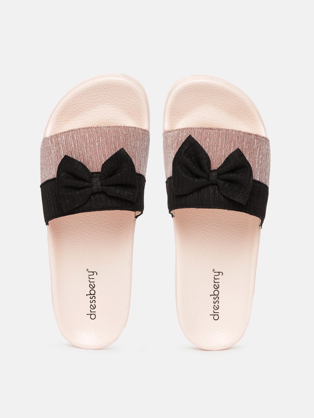 DressBerry Women Dusty Pink & Black Bow Upper Textured Rubber Sliders Price in India