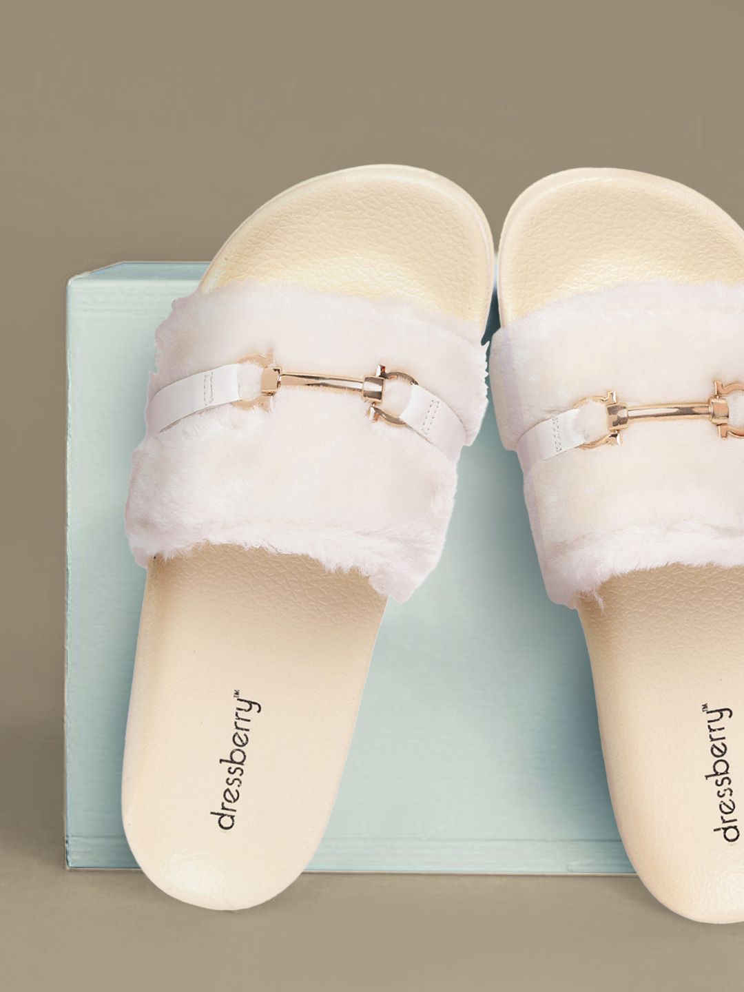 DressBerry Women White & Gold-Toned Fuzzy Embellished Sliders Price in India