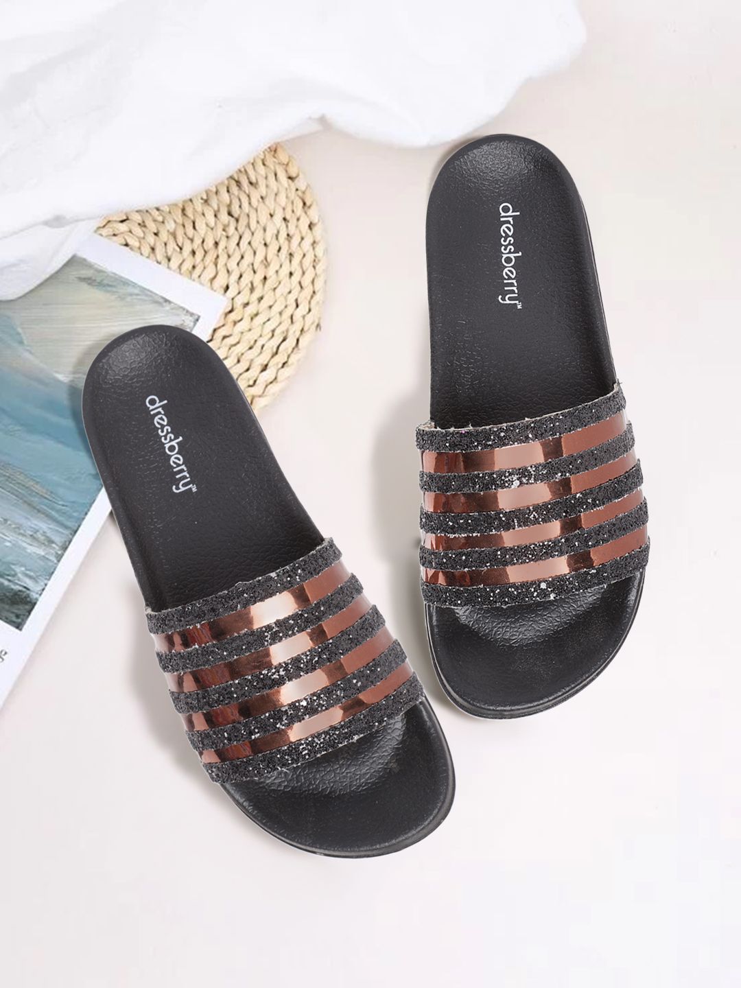 DressBerry Women Black & Copper-Toned Striped & Shimmer Sliders Price in India