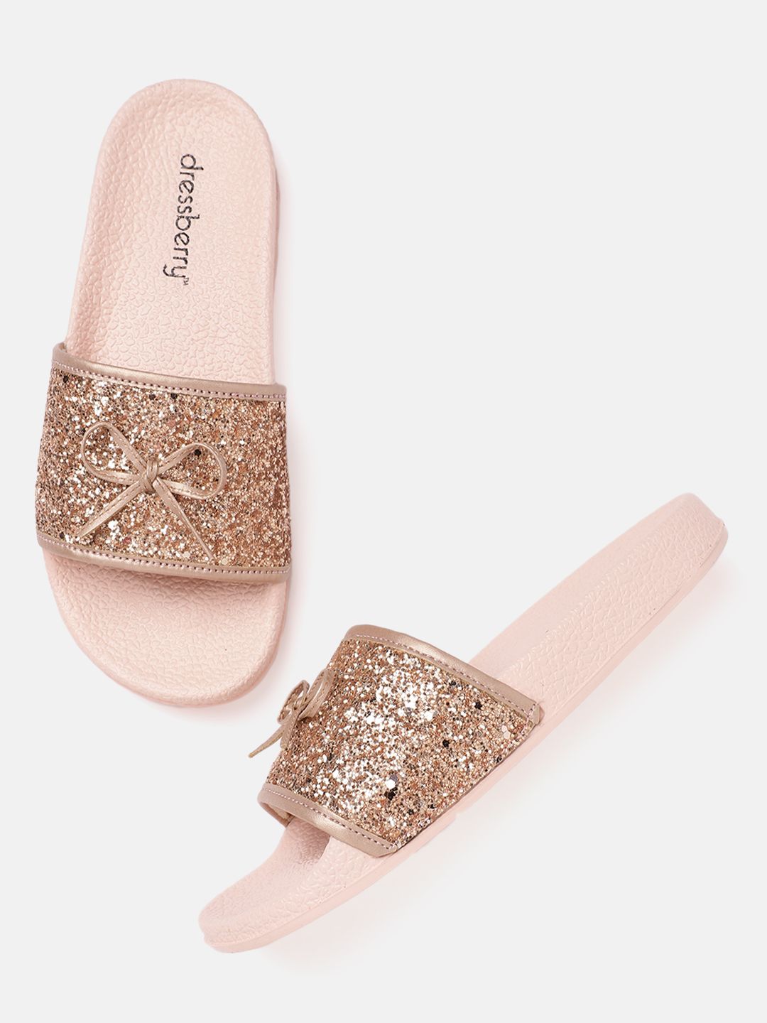 DressBerry Women Rose Gold-Toned Embellished Flip Flops with Bows Price in India