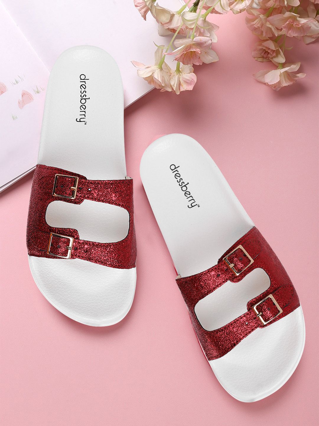 DressBerry Women Maroon Shimmery Sliders with Buckles Price in India