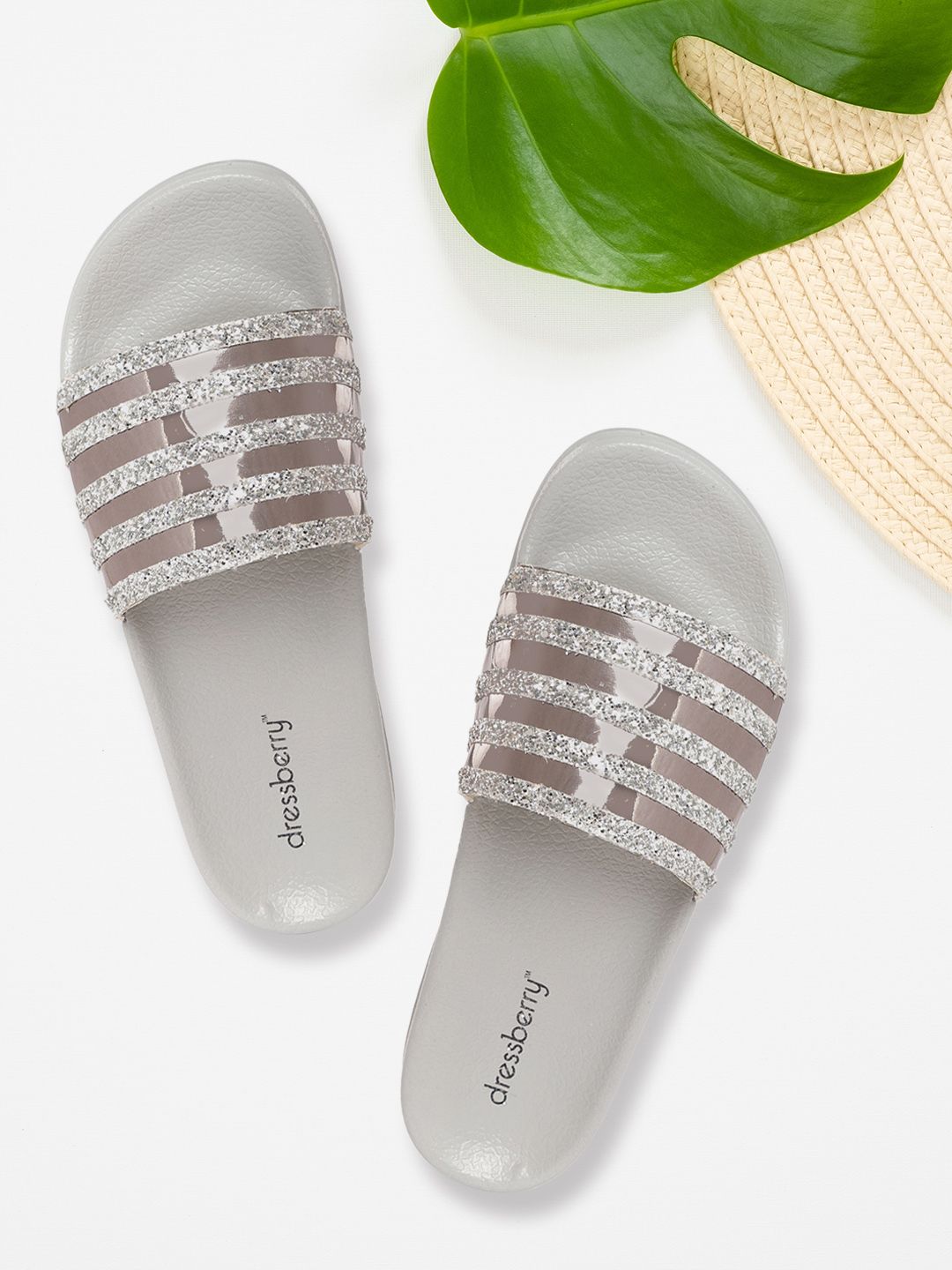 DressBerry Women Silver-Toned & Grey Striped & Shimmer Sliders Price in India