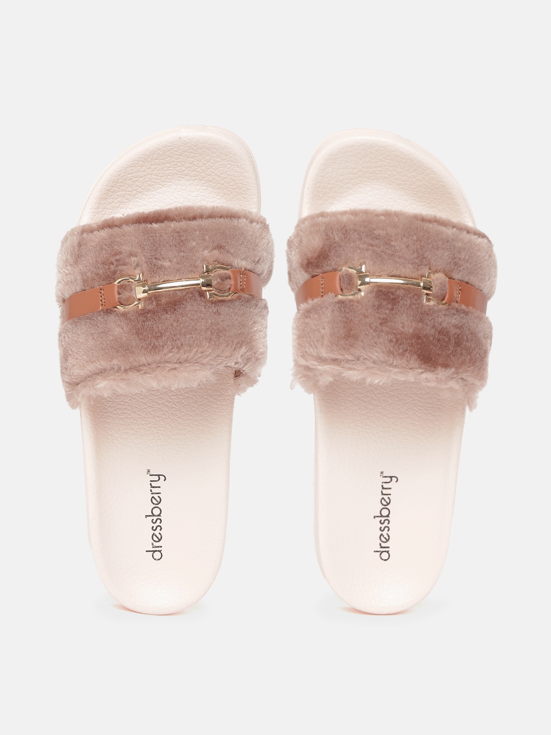 DressBerry Women Dusty Pink & Gold-Toned Embellished Rubber Sliders Price in India