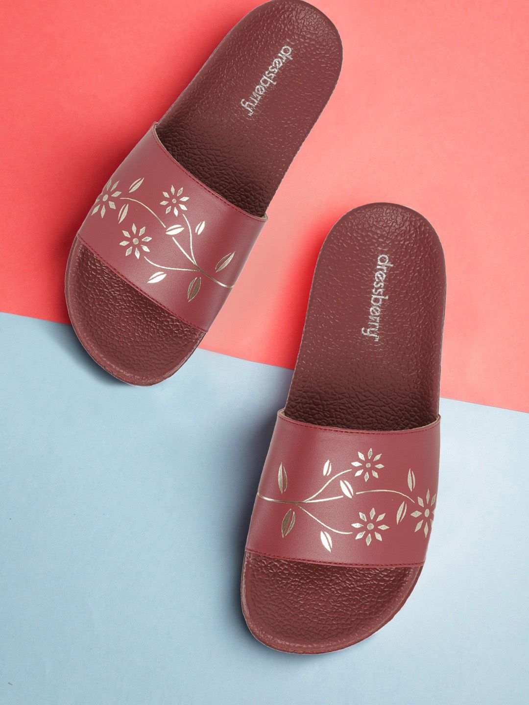 DressBerry Women Maroon Printed Rubber Sliders Price in India