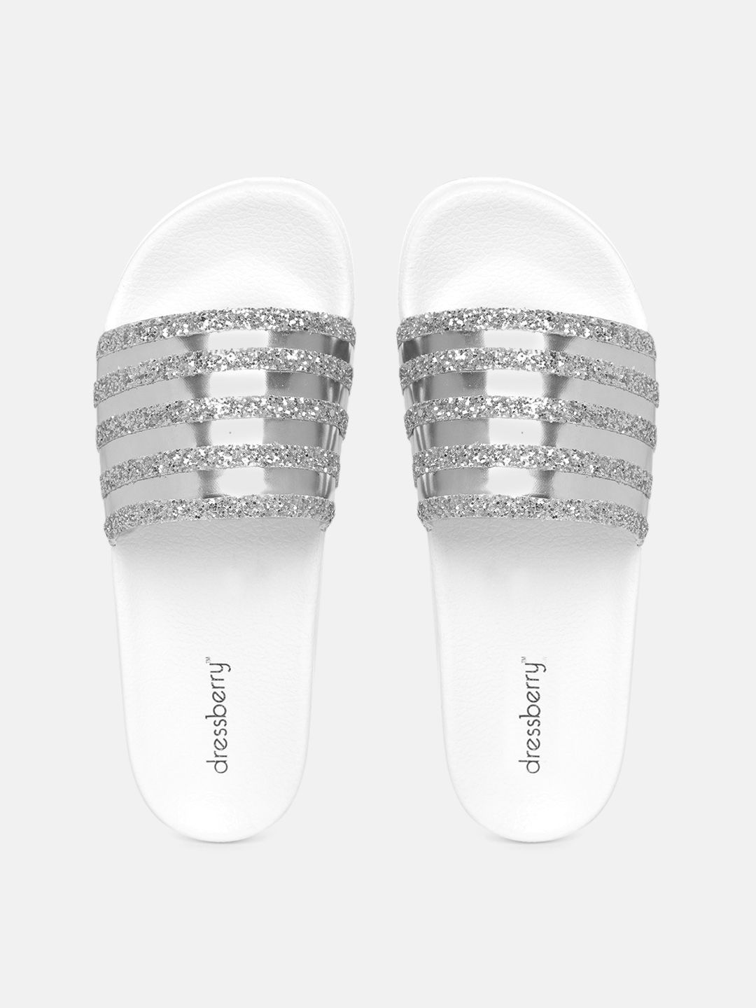 DressBerry Women Silver-Toned & White Striped & Shimmer Sliders Price in India