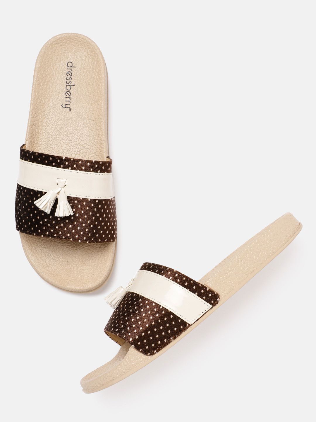 DressBerry Women Coffee Brown & Beige Dot Print Open Toe Flats with Tassels Detail Price in India