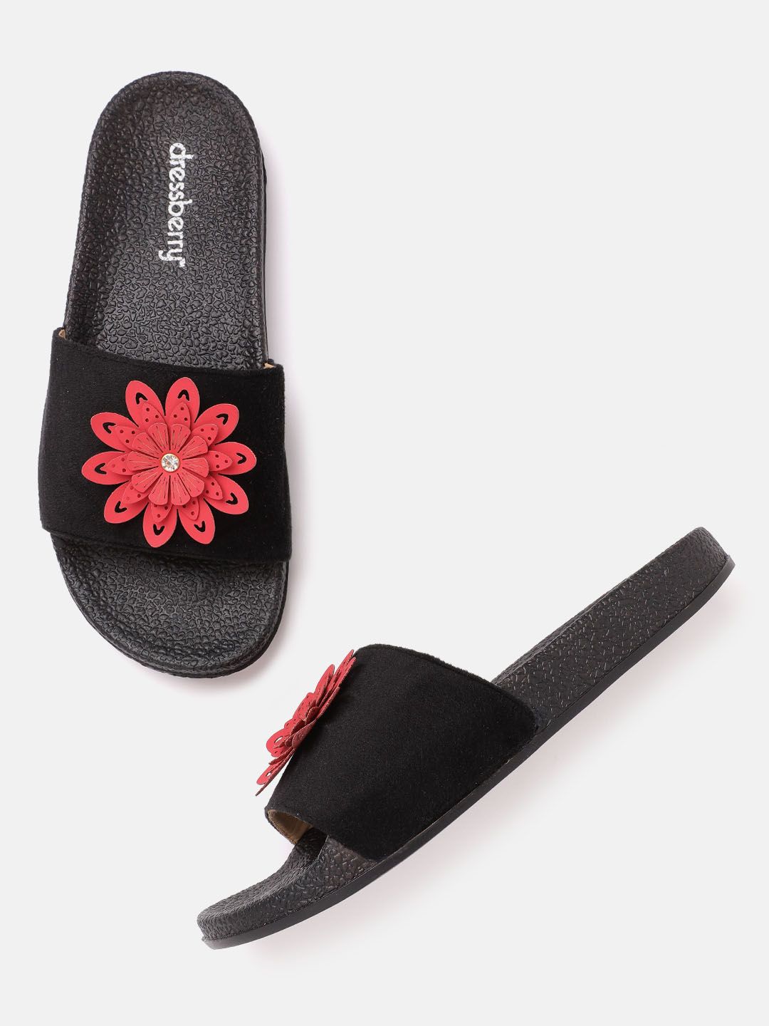 DressBerry Women Black & Red Solid Suede Finish Floral Applique Detail Flip Flops Price in India