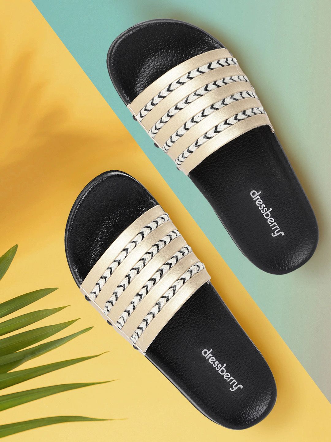 DressBerry Women Gold-Toned & Black Striped Sliders Price in India