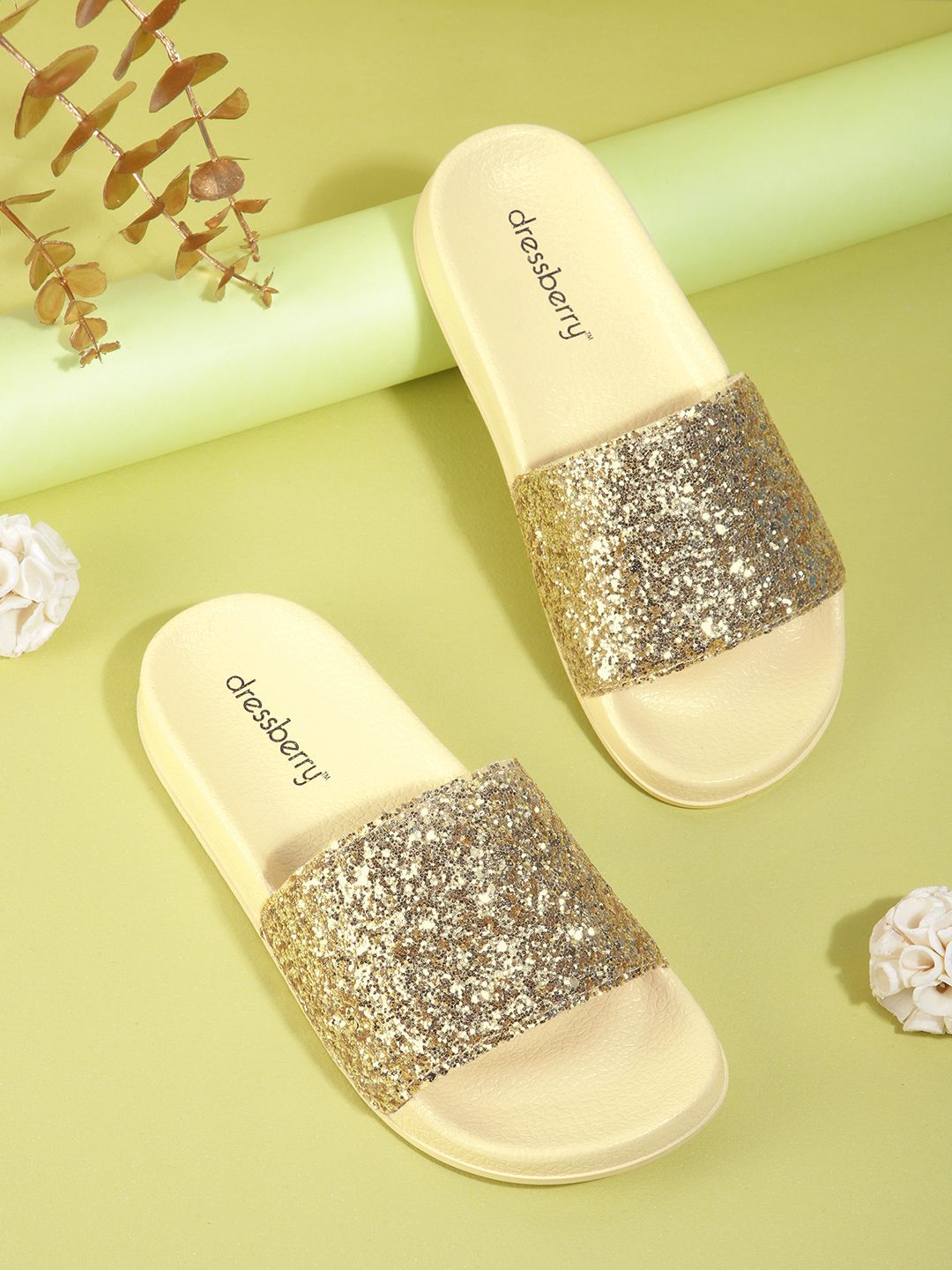 DressBerry Women Gold-Toned Shimmer Sliders