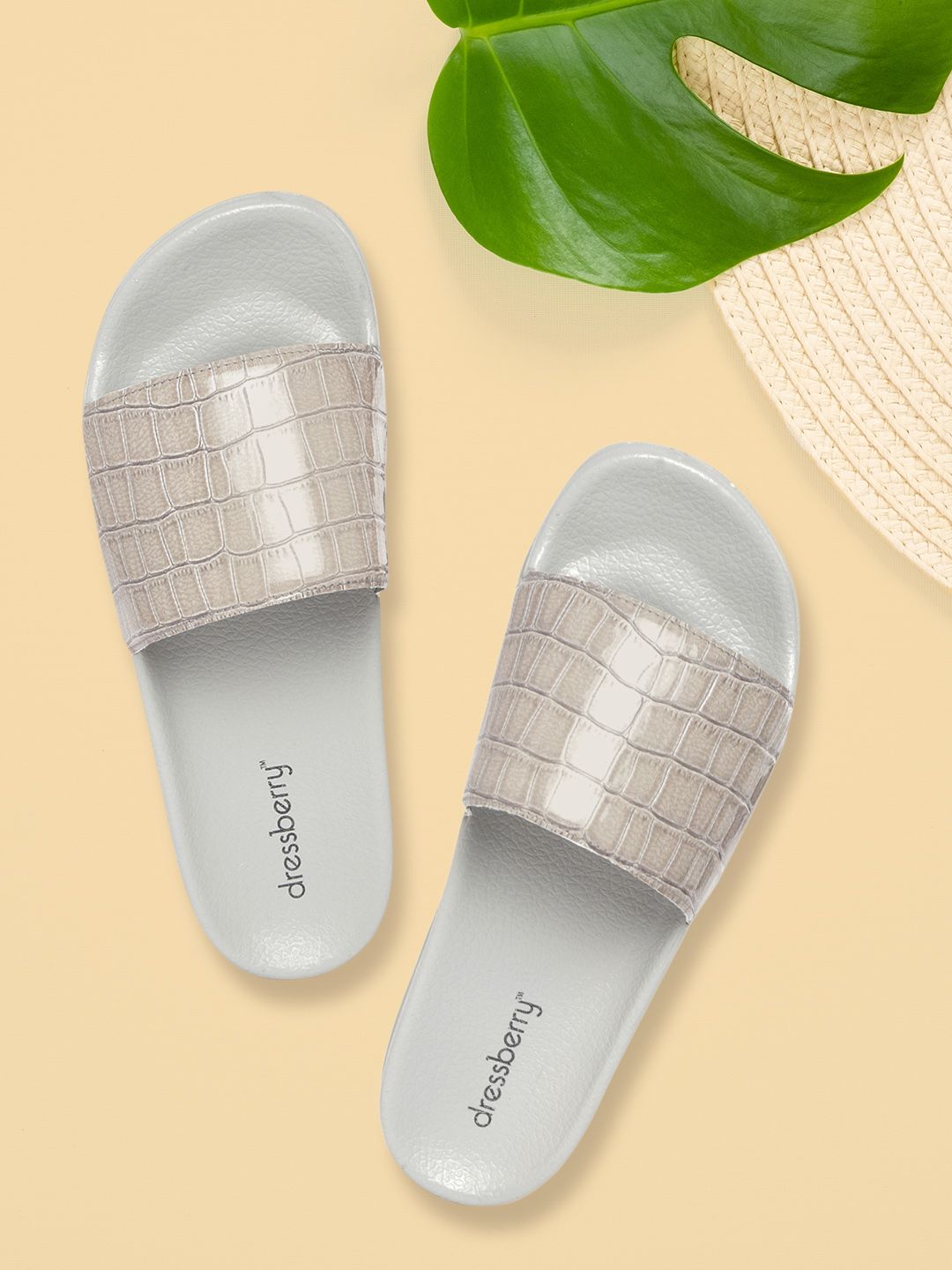 DressBerry Women Grey Croc Textured Sliders Price in India