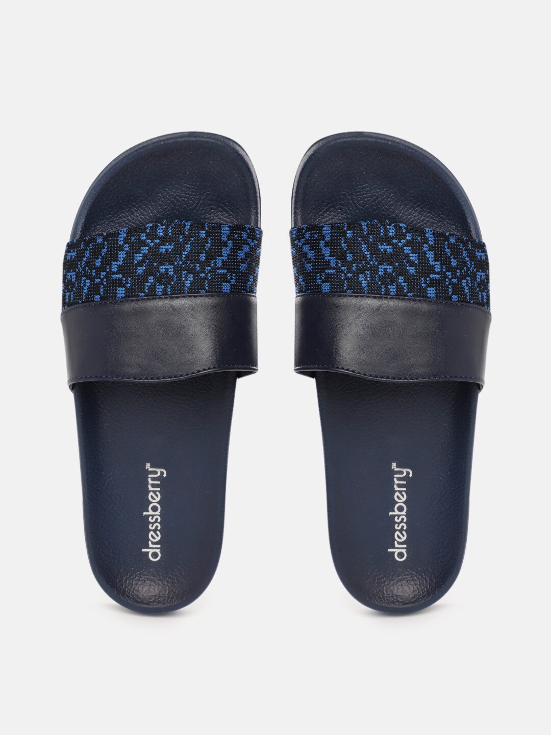 DressBerry Women Navy Blue & Black Patterned Sliders Price in India