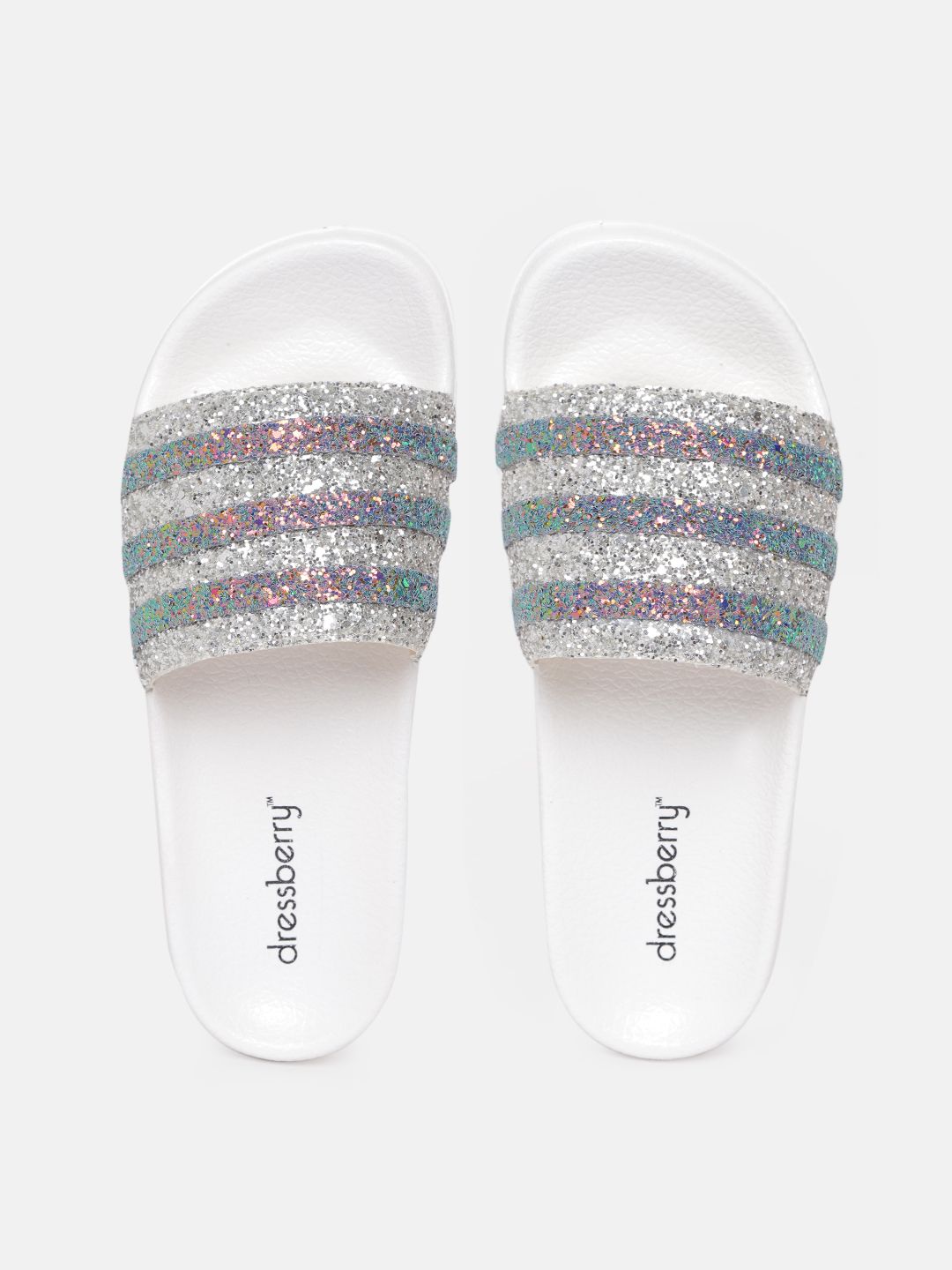 DressBerry Women Silver-Toned & Blue Striped & Shimmer Sliders Price in India