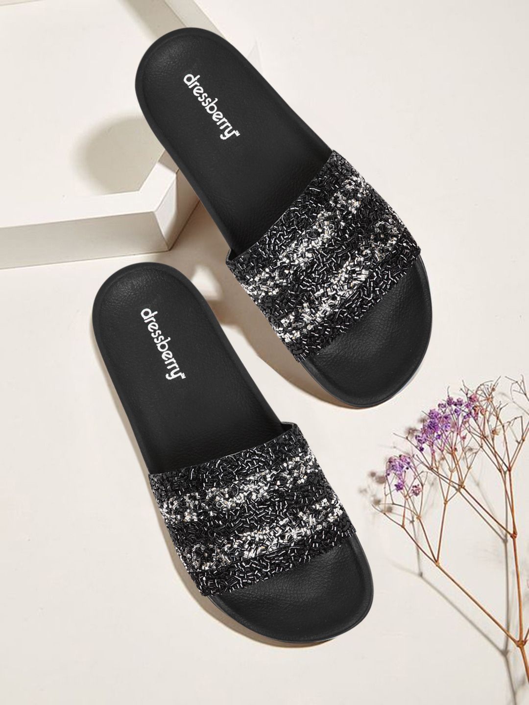 DressBerry Women Black & Silver-Toned Embellished & Striped Sliders Price in India