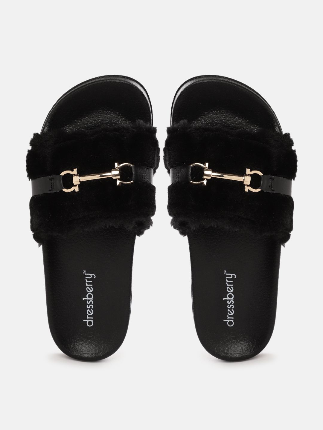 DressBerry Women Black Sliders with Fur Detail Price in India
