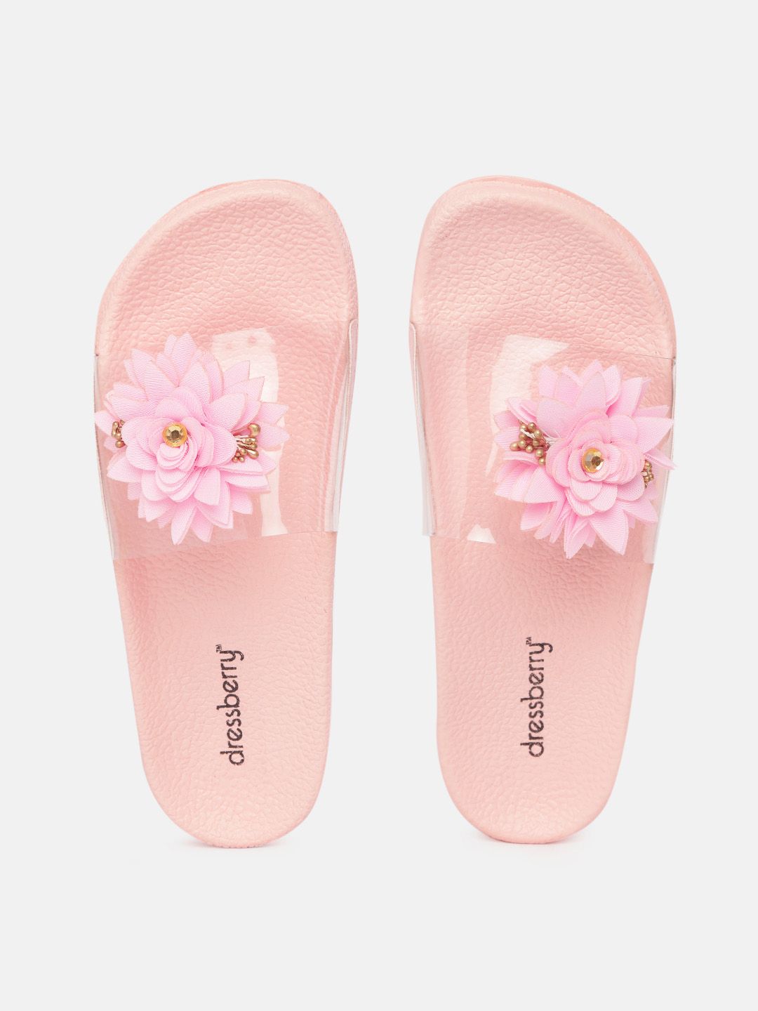 DressBerry Women Pink Embellished Rubber Sliders Price in India