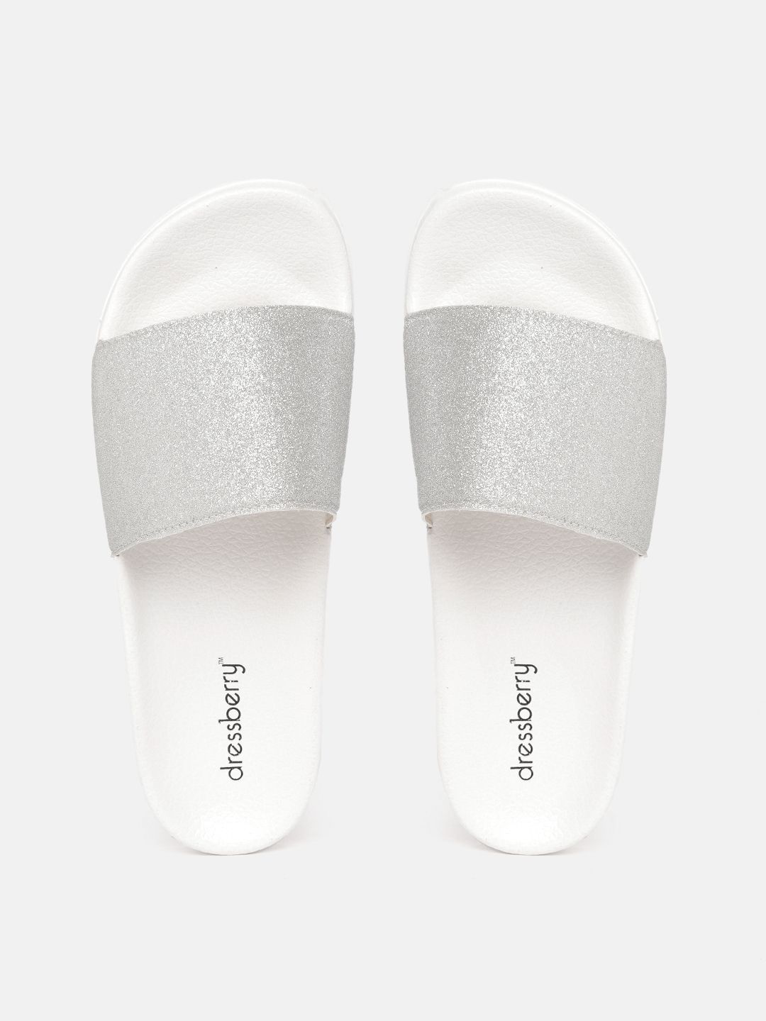 DressBerry Women Silver-Toned & White Shimmer Sliders Price in India