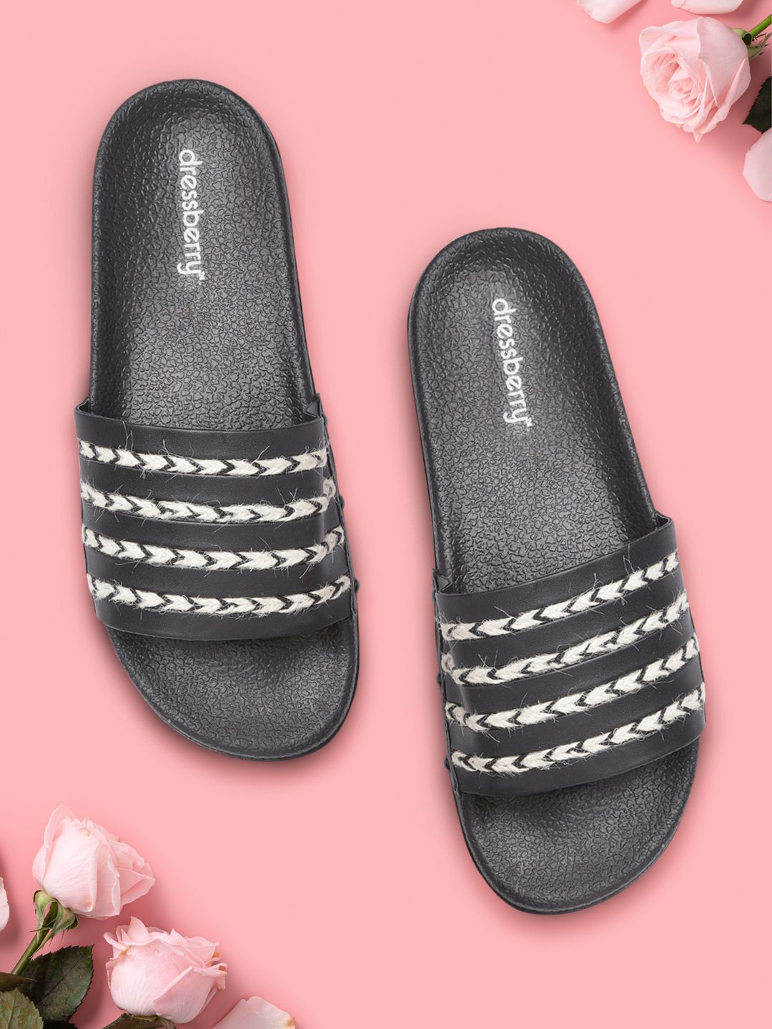 DressBerry Women Black & Off White Striped & Braided Sliders Price in India