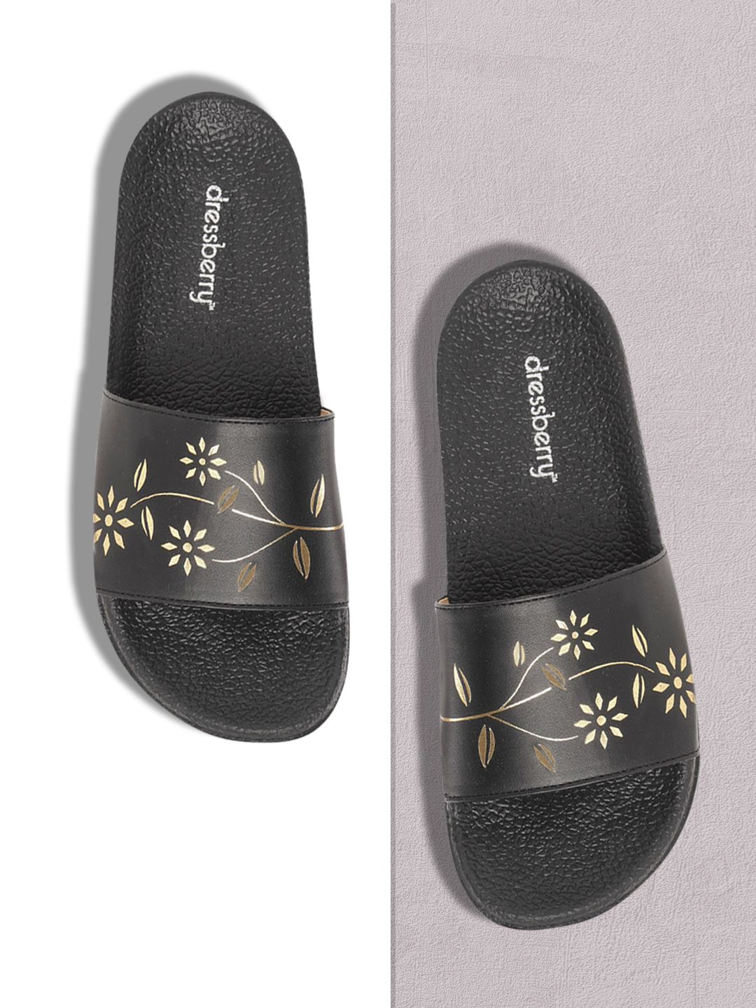 DressBerry Women Black & Gold-Toned Floral Print Sliders Price in India