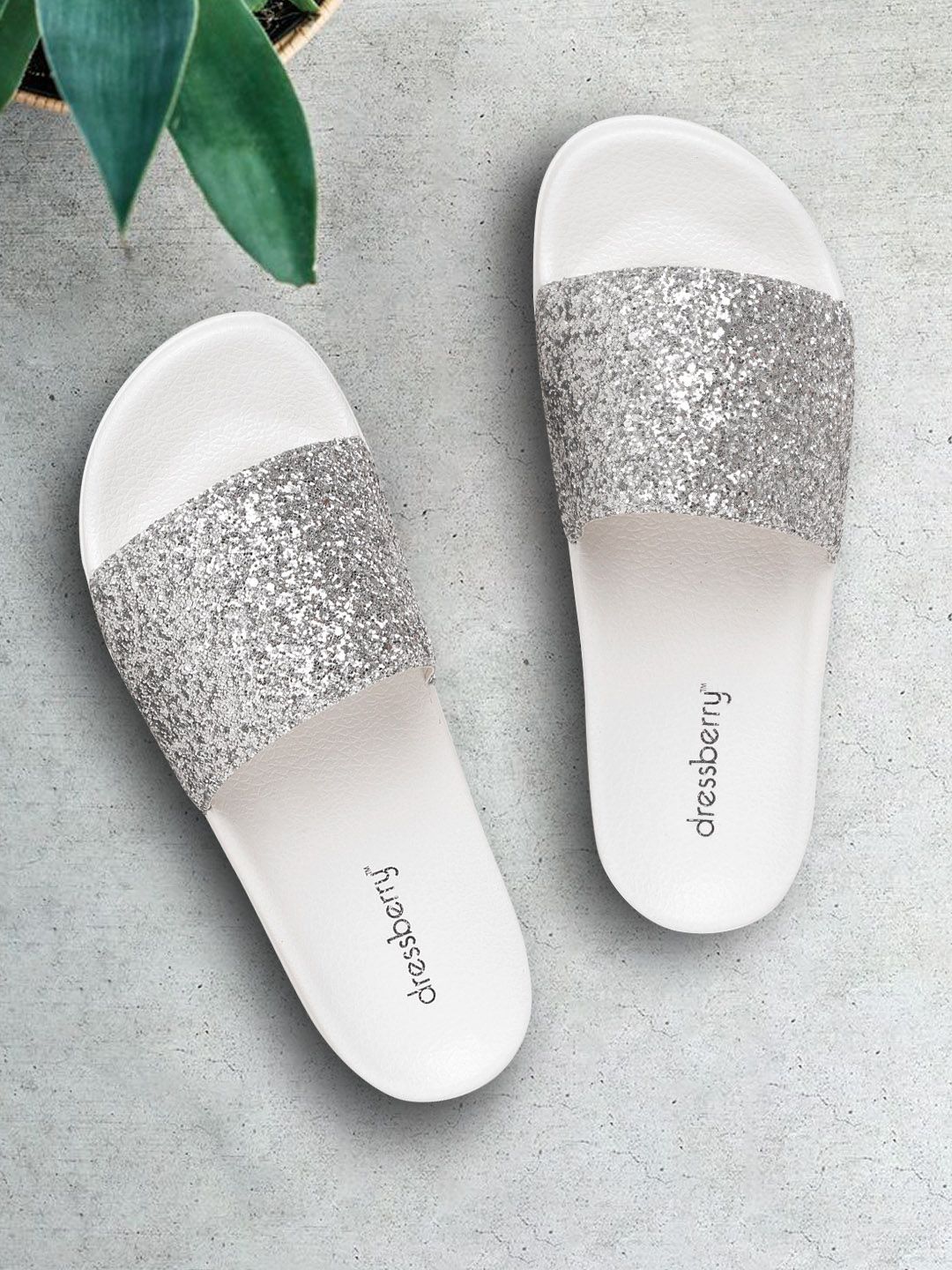 DressBerry Women Silver-Toned Embellished Rubber Sliders Price in India