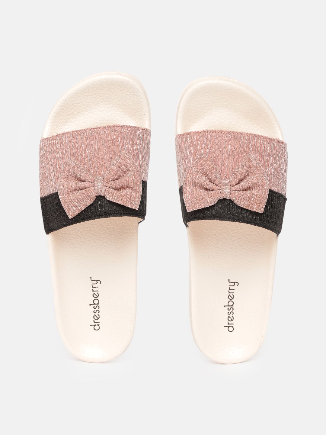 DressBerry Women Dusty Pink & Black Textured Bow Upper Rubber Sliders Price in India