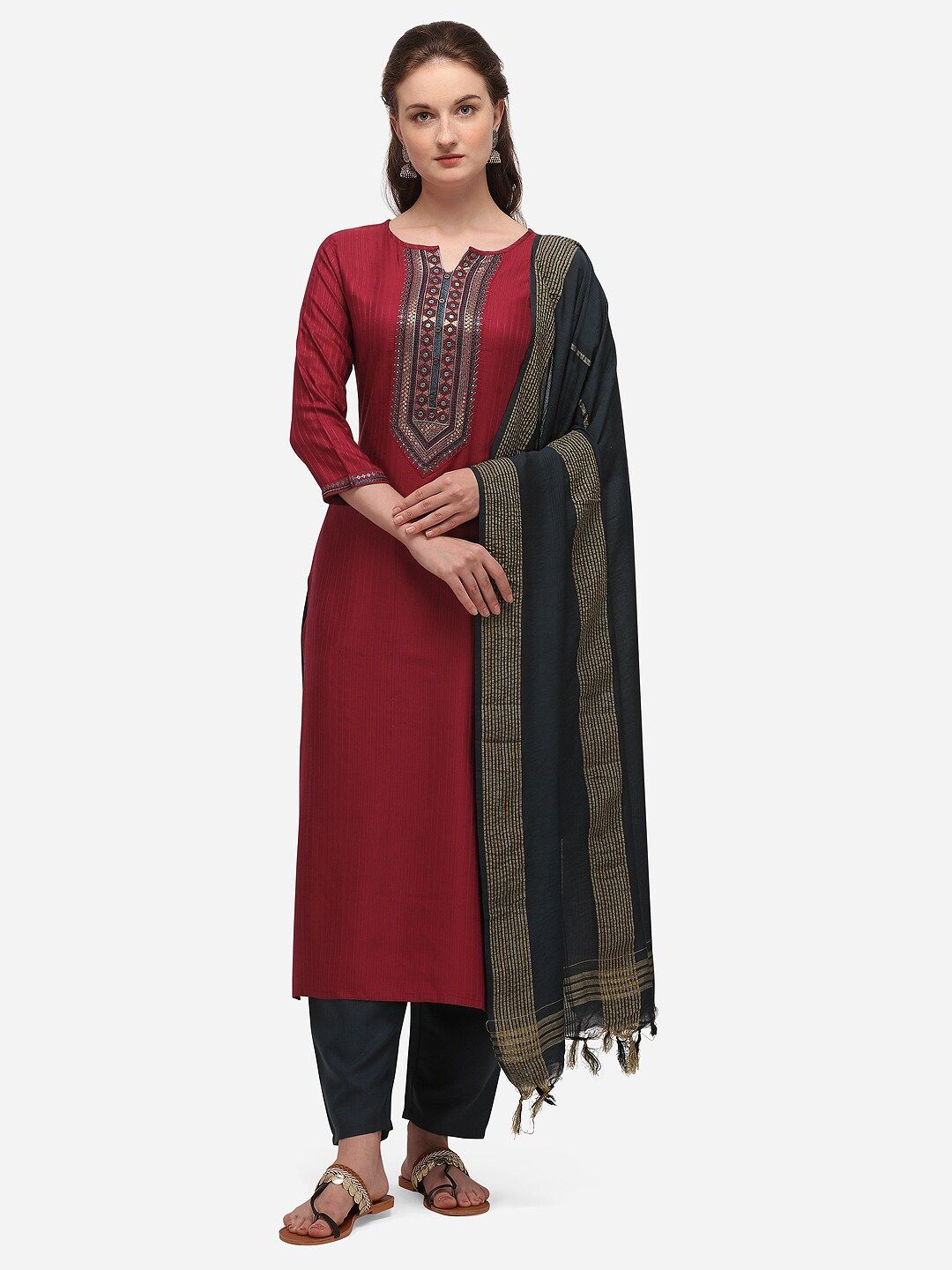 SheWill Maroon & Charcoal Black Cotton Blend Unstitched Dress Material Price in India