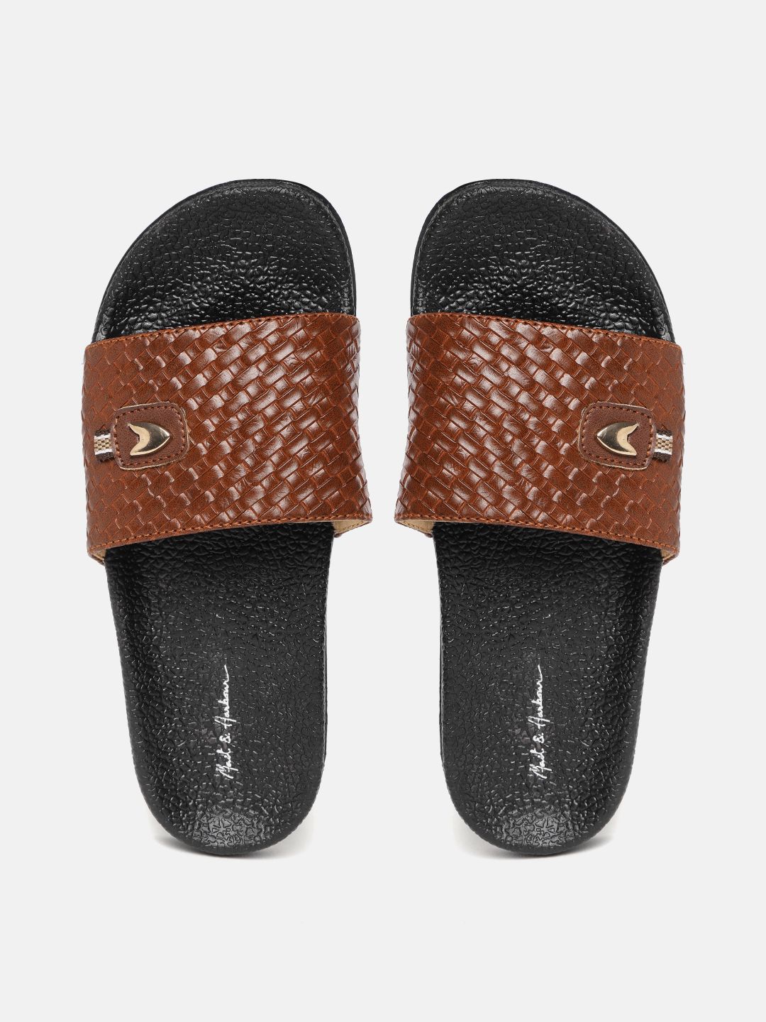 Mast & Harbour Women Coffee Brown & Black Basket Weave Textured Sliders Price in India