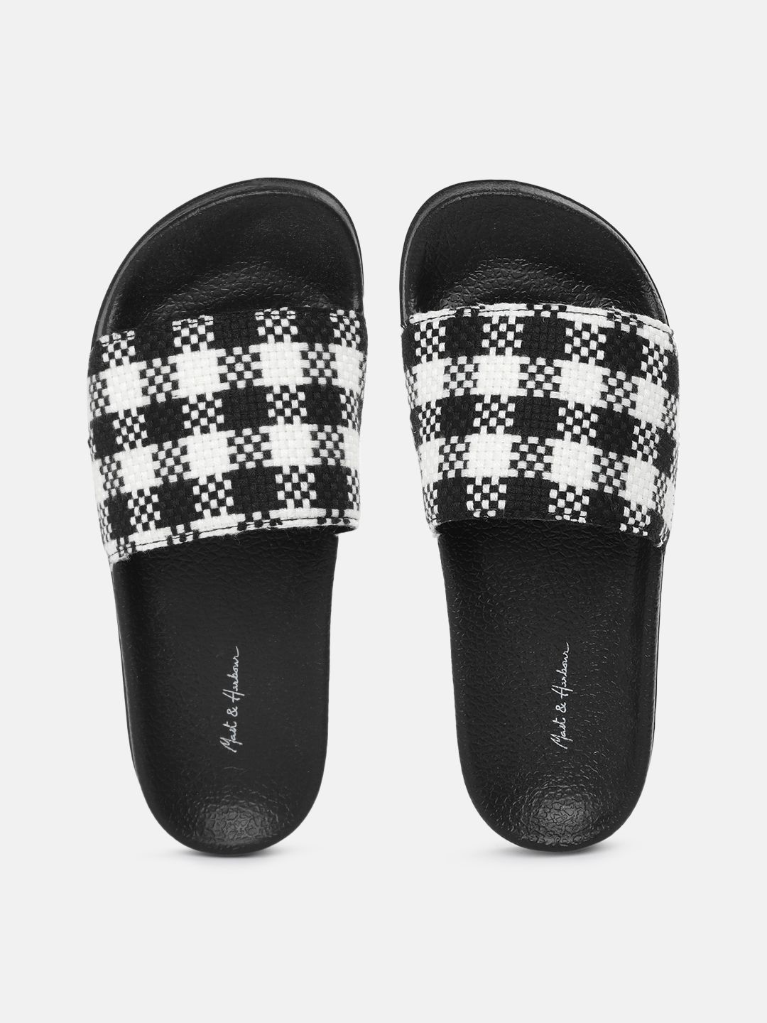 Mast & Harbour Women Black & White Checked Sliders Price in India