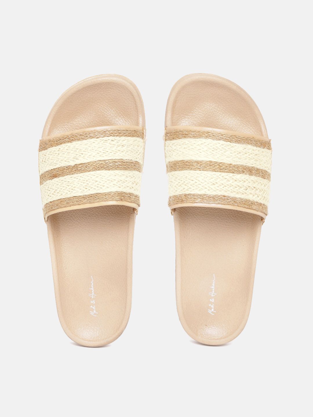 Mast & Harbour Women White & Beige Striped Braided Woven Design Sliders Price in India